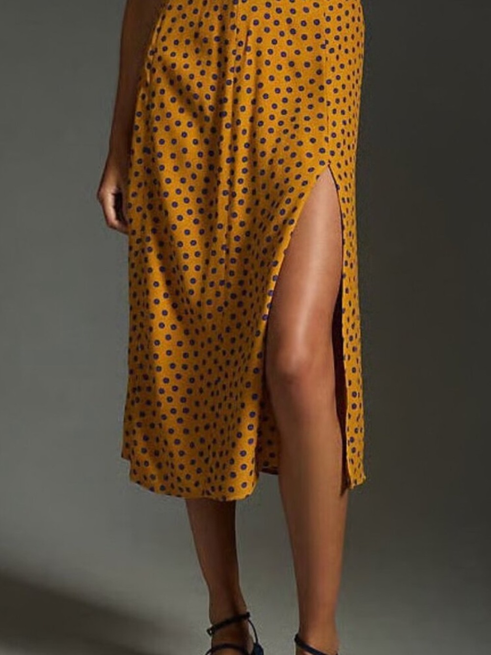 Anthropologie Mustard and Blue Polka Dot Midi Skirt with Side Slit